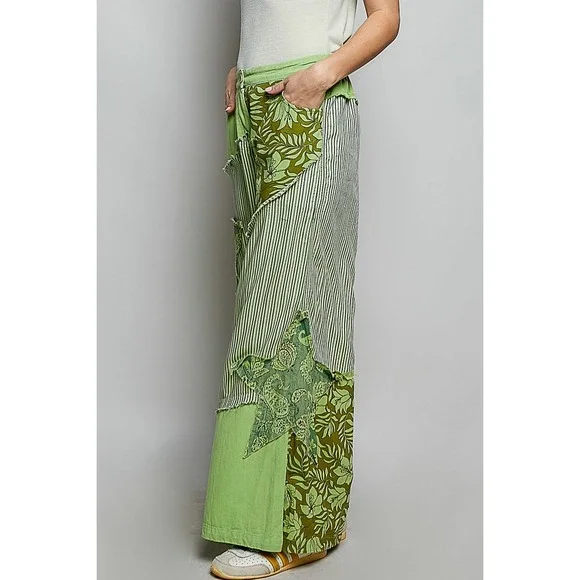 POL Green Patchwork Star Straight Leg Pants Floral Stripe Boho LARGE - Picture 6 of 7